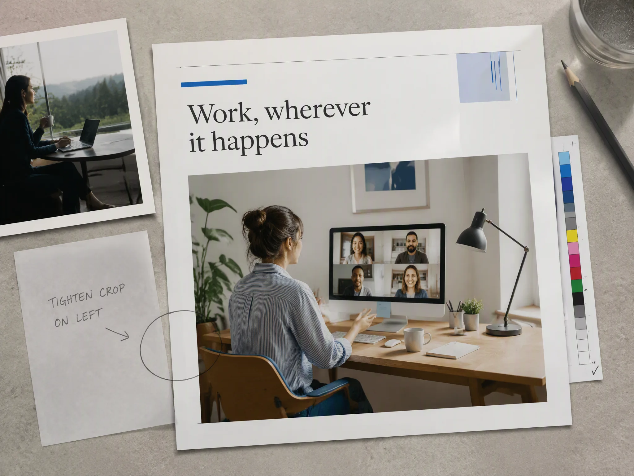 Selected remote-work image refined and placed into a finished editorial article layout
