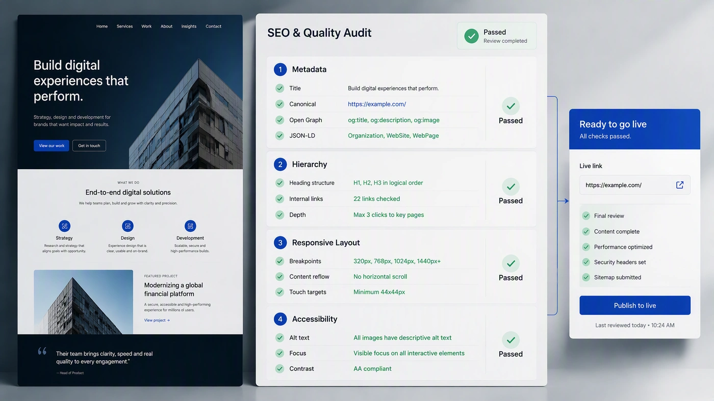 MuseWork website builder SEO QA checklist and deploy preview